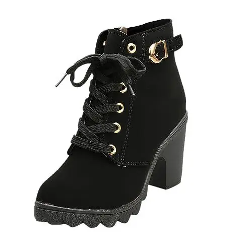 Produktbild: Braune Stiefel Schuhe Damen Winter Stiefeletten Mode-Plattform-hohe Spitze-Frauen-Oben Schuhe-Absatz-Damen-Schnallen-Aufladungs-Damenstiefel Cowboystiefel Damen Stiefeletten Damen Mit (Black, 39)