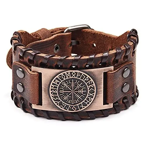 Produktbild: Braunes Wikingerarmband – verstellbare Manschette, Armreif mit Vegvísir-Kompass, nordisches Amulett – keltisch-heidnischer Talisman-Schmuck, 18 to 22.5cm, Leder