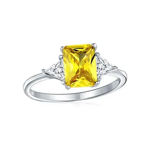 Produktbild: Braut Vergangenheit Gegenwart Zukunft 3 Stein 3CT CZ Kanarienvogel Gelb AAA Zirkonia Rechteck Solitär Smaragd Schliff Verlobungsring Billionen Schnitt Seite Akzent .925 Sterling Silber