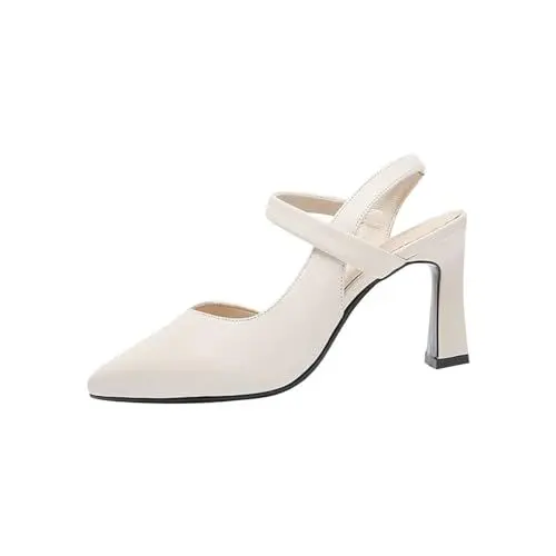 Produktbild: Brautabsätze für Damen, spitzer Zehenbereich, klobige Slingback-Pumps, Slip-on-Hochzeit, Dicke Komfort-Sandalen, Abendkleid-Schuhe White 40.5