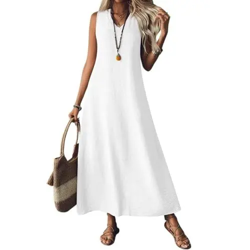 Produktbild: Brautkleider Kleid Damen Arbeits Ärmelloses Lässiger Tunika-Kleid A-Linie Sommer mit Tiefem Ausschnitt Baumwolle Weiß L
