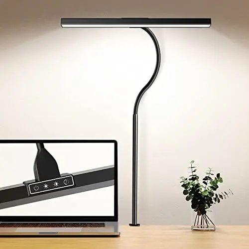 Produktbild: bravzurg Schreibtischlampe LED Dimmbar, 12W Schreibtisch Lampen mit Klemmbar, 360° Schwanenhals Leuchte mit Ladegerät, 5 Farben 5 Helligkeitsstufen, Tischlampe mit Timer Funktion für Monitor, Büro