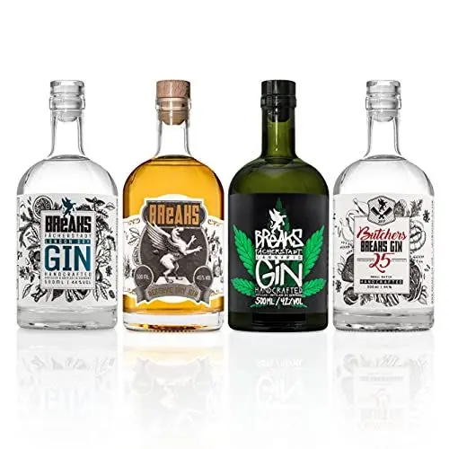 Produktbild: Breaks Gin –4er Set I Breaks PREMIUM DRY Gin, Breaks RESERVE Gin, Breaks CANNABIS Gin & Breaks BUTCHERS Gin I Gin Geschenkset I Exklusiver Gin – Handgemacht in Deutschland I 4x 0,5l