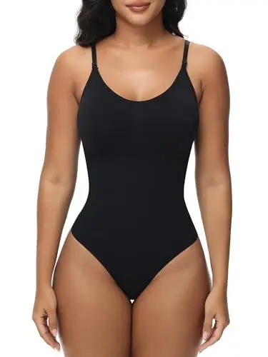 Produktbild: Breampot Shapewear Damen Bauchweg Bodysuit Formender Vielseitige Body Shper Frauen atmungsaktiven Materialien mit Verstellbarer Schultergurt (S/M, Tanga-Schwarz)