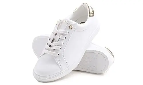 Produktbild: BREEZE NOUTHERLY Women's Featured PU Leather Lace-Up Sneaker,Damen Sneaker Atmungsaktiv Turnschuhe Leicht Laufschuhe Sportschuhe Freizeitschuhe Lässiges Stern Öse Gold 38