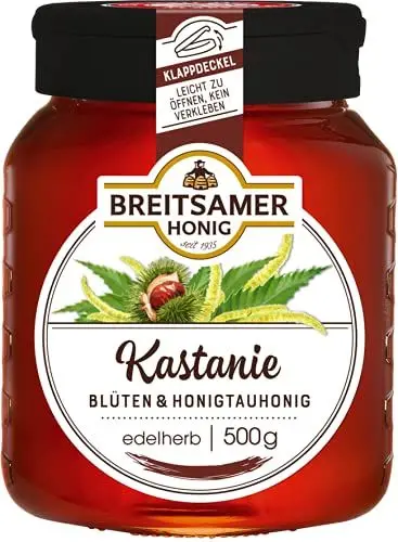 Produktbild: Breitsamer Honig Kastanie edel 500g - Flüssiger Kastanienhonig, herb würzig im Geschmack mit praktischem Klappdeckel (1 x 500g)