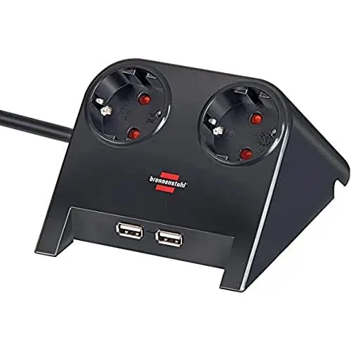 Produktbild: Brennenstuhl Desktop-Power Steckdosenleiste 2-Fach für den Tisch (Tischsteckdose mit 1,8m Kabel, Gummifüßen und 2-Fach USB) schwarz poliert