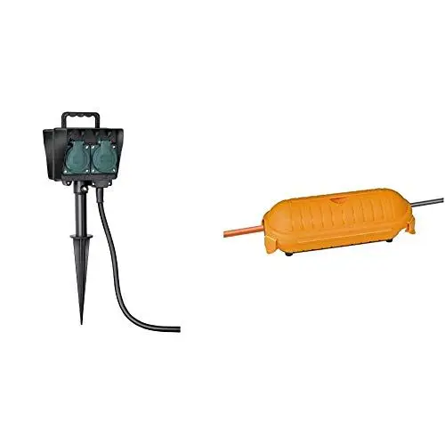 Produktbild: Brennenstuhl Gartensteckdose, Außensteckdose 4-fach mit Erdspieß, witterungsbeständiger Kunststoff + Brennenstuhl Safe-Box BIG IP44 / Schutzbox für Verlängerungskabel