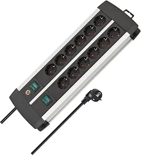 Produktbild: Brennenstuhl Premium-Alu-Line Steckdosenleiste 12-Fach/Mehrfachsteckdose aus hochwertigem Aluminium (mit 2 Schaltern für je 6 Steckdosen und 3m Kabel, Made in Germany)