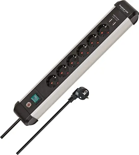 Produktbild: Brennenstuhl Premium-Alu-Line Steckdosenleiste mit USB/Mehrfachsteckdose 6-Fach aus hochwertigem Aluminium (Steckerleiste mit 3m Kabel und Schalter, 2-Fach USB 3,1 A, Made in Germany)