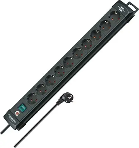 Produktbild: Brennenstuhl Premium-Line, Steckdosenleiste 10-Fach (Steckerleiste mit Schalter und 3m Kabel, Mehrfachsteckdose mit 45° Winkel der Schutzkontakt-Steckdosen, Made in Germany) schwarz