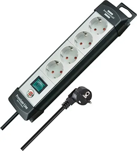 Produktbild: Brennenstuhl Premium-Line, Steckdosenleiste 4-Fach (Mehrfachsteckdose mit Schalter und 5m Kabel - 45° Anordnung der Steckdosen, Made in Germany) schwarz/grau