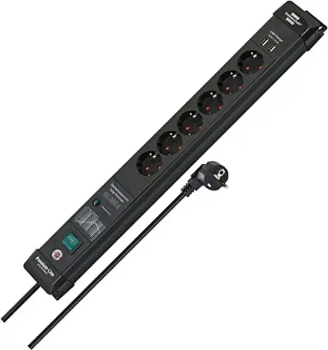 Produktbild: Brennenstuhl Premium-Line Steckdosenleiste 6-Fach mit Überspannungsschutz bis zu 60.000A (mit Schalter, 3m Kabel, 2-Fach USB 3,10A, Steckdosenleiste Wandmontage, Made in Germany) schwarz