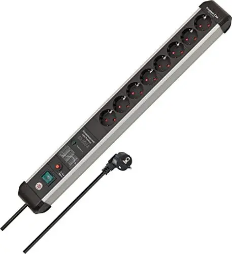 Produktbild: Brennenstuhl Premium-Protect-Line Steckdosenleiste 8-Fach mit Überspannungsschutz 60.000 A (Mehrfachsteckdose mit Schalter und 3m Kabel, Made in Germany) Silber/schwarz