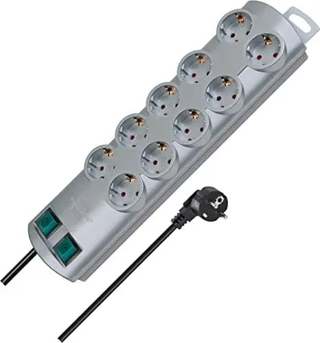 Produktbild: Brennenstuhl Primera-Line, Steckdosenleiste 10-Fach (Mehrfachsteckdose mit 2 Schaltern für je 5 Steckdosen und 2m Kabel) Silber