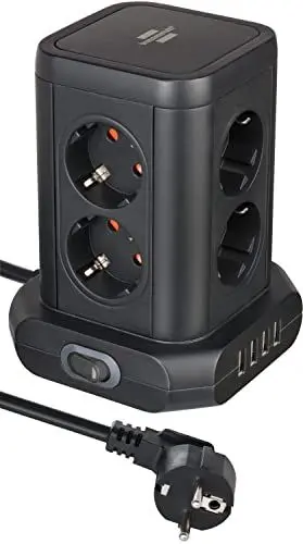 Produktbild: Brennenstuhl Steckdosenturm 8-Fach mit USB (Steckdosenblock 8-Fach mit 4X USB, Steckdosen in 45°-Anordnung, 2m Kabel) schwarz