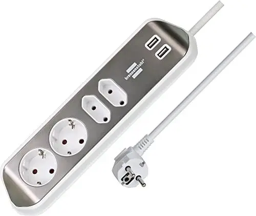 Produktbild: Brennenstuhl Estilo Ecksteckdosenleiste 4-Fach (Tischsteckdose mit Edelstahloberfläche für Küche und Büro, mit 2X Schutzkontakt-Steckdosen, 2X Euro-Steckdosen, inkl. USB-Ladefunktion) Silber/weiß