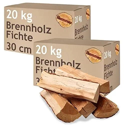 Produktbild: Brennholz Fichte Kaminholz 5-500 kg Holz 30 cm Für Ofen und Kamin Kaminofen Feuerschale Grill Feuerholz Holzscheite Wood Kammergetrocknet Flameup, Menge:40 kg