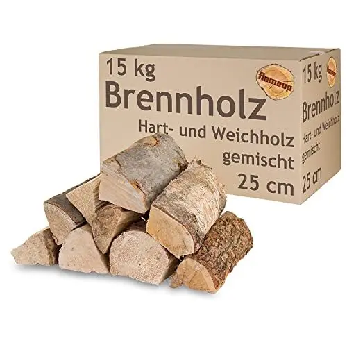 Produktbild: Brennholz Gemischt Kaminholz 15 kg Buche Eiche Birke Kiefer Fichte Holz Für Ofen und Kamin Kaminofen Feuerschale Grill Feuerholz 25 cm Wood Kammergetrocknet Flameup