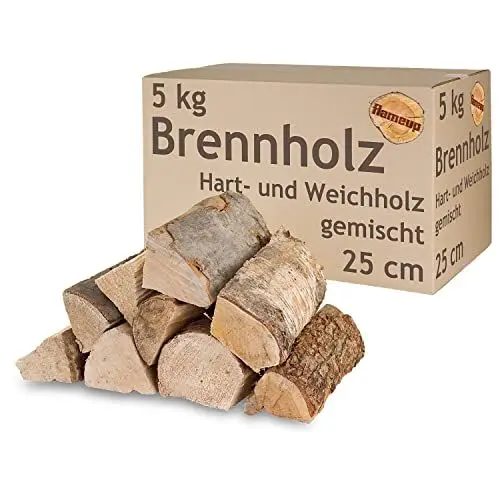 Produktbild: Brennholz Gemischt Kaminholz 5 kg Buche Eiche Birke Kiefer Fichte Holz Für Ofen und Kamin Kaminofen Feuerschale Grill Feuerholz 25 cm Wood Kammergetrocknet Flameup