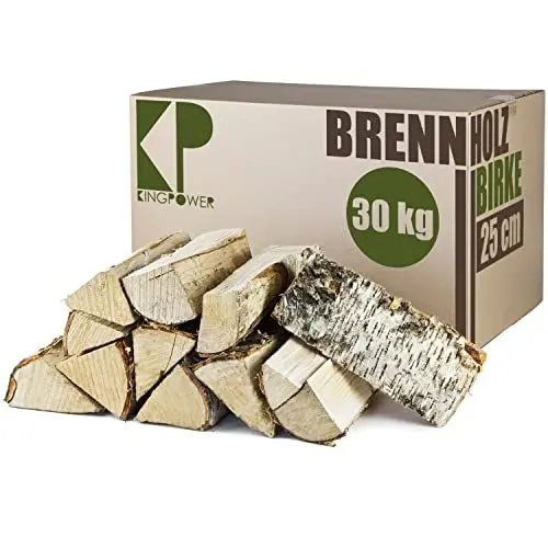 Produktbild: Brennholz Kaminholz Birkenholz 30 kg Holz Birke Für Ofen und Kamin Kaminofen Feuerschale Grill Feuerholz Holzscheite Wood 25 cm Kammergetrocknet Kingpower