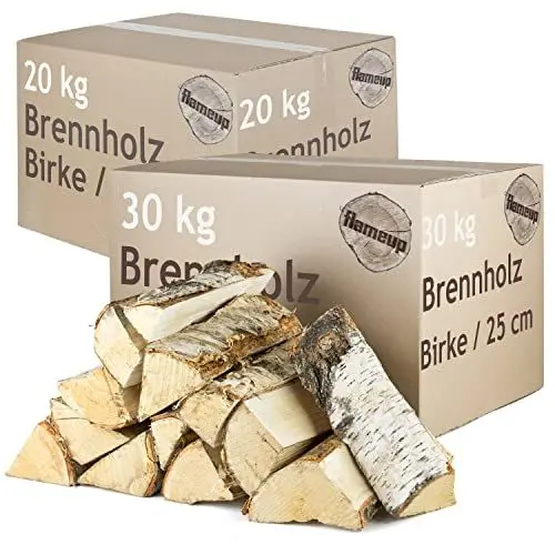 Produktbild: Brennholz Kaminholz Birkenholz Holz 50 kg Birke Für Ofen und Kamin Kaminofen Feuerschale Grill Feuerholz Holzscheite Wood 25 cm Kammergetrocknet Flameup