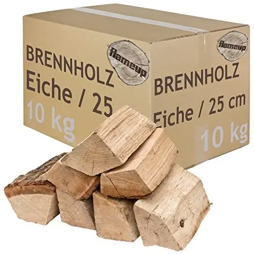 Produktbild: Brennholz Kaminholz Holz Eiche 10 kg Für Ofen und Kamin Kaminofen Feuerschale Grill Feuerholz Holzscheite Wood 25 cm kammergetrocknet flameup