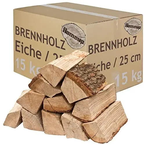 Produktbild: Brennholz Kaminholz Holz Eiche 15 kg Für Ofen und Kamin Kaminofen Feuerschale Grill Feuerholz Holzscheite Wood 25 cm kammergetrocknet Flameup
