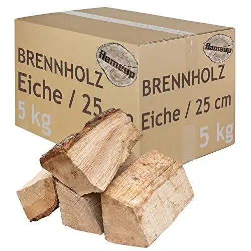 Produktbild: Brennholz Kaminholz Holz Eiche 5 kg Für Ofen und Kamin Kaminofen Feuerschale Grill Feuerholz Holzscheite Wood 25 cm kammergetrocknet Flameup