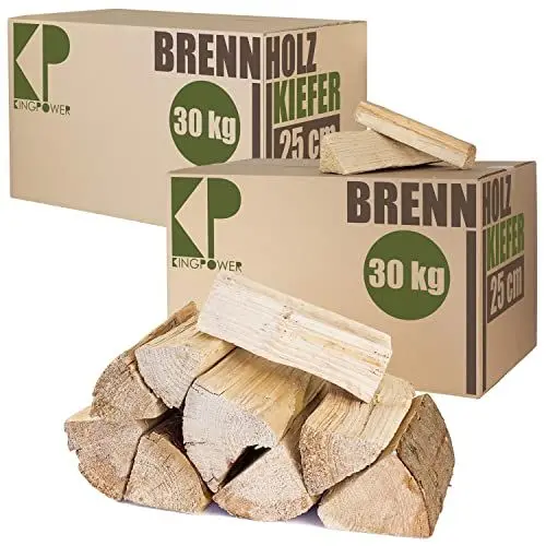 Produktbild: Brennholz Kaminholz Kiefer Holz 60 kg Für Ofen und Kamin Kaminofen Feuerschale Grill Feuerholz Holzscheite Wood 25 cm kammergetrocknet Kingpower