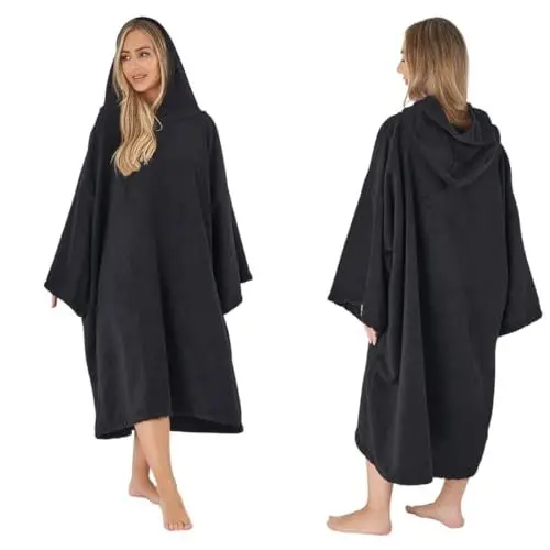Produktbild: Brentfords Kapuzen Handtuch Poncho für Erwachsene, Groß Baden, Surfen, Strand, saugfähiger Mikrofaser-Wickelumhang, trocknend, Männer, schnell trocknend, Bademantel schwarz