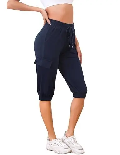 Produktbild: Bresdk Caprihose Damen 3/4 Cargohose Sommer Casual Jogginghose Leichte Outdoor Sport Reise Sommerhose mit 4 Taschen, M549 Blau, XL