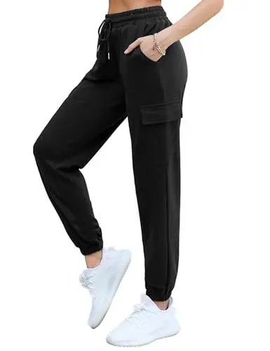 Produktbild: Bresdk Cargohose Damen Jogginghose High Waist Hose Lang Baumwolle Freizeithose mit Taschen M898 Schwarz XXL