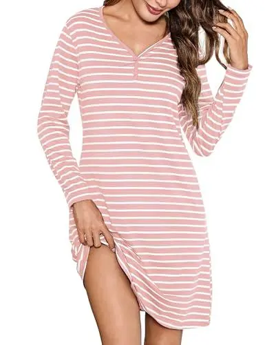 Produktbild: Bresdk Nachthemd Damen Langarm Baumwolle Schlafhemd V Ausschnitt Knöpfe Nachtwäsche Gestreift Schlafshirt Nachtkleid, Rosa, L