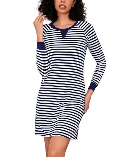 Produktbild: Bresdk Nachthemd Damen Langarm Baumwolle Schlafkleid Winter Nachtwäsche Lang Rundhals Streifen Schlafshirt