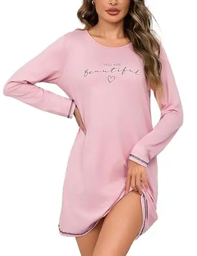 Produktbild: Bresdk Nachthemd Damen Langarm Baumwolle Schlafshirt mit Rundhalsausschnitt und Printed Liebesmuster Weiche Loungewear Sleepshirt