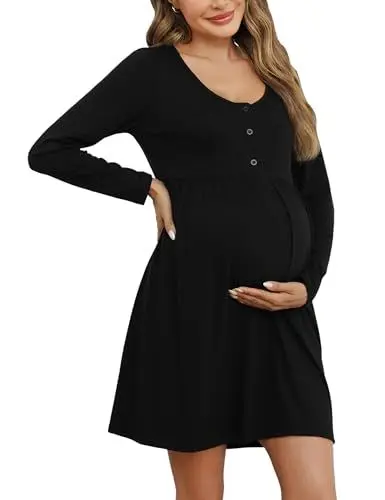 Produktbild: Bresdk Nachthemd Damen Langarm Knöpfe Stillkleid Nachtwäsche Umstandsmode Stillnachthemd Umstandskleidung, Schwarz, L