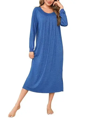 Produktbild: Bresdk Nachthemd Damen Langarm Schlafshirt Lang Baumwolle Winter Nachtwäsche für Frauen Blau XXL