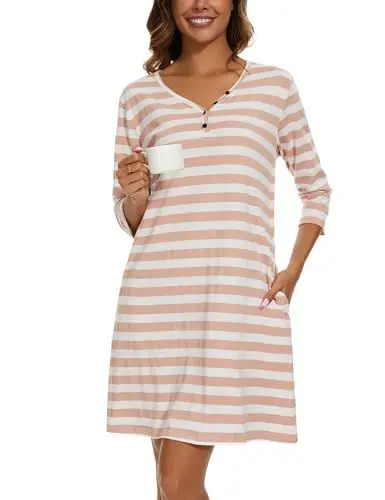 Produktbild: Bresdk 3/4 Ärmel Nachthemd Damen Baumwolle Sleepshirt Knöpfe Sommer Nachtwäsche