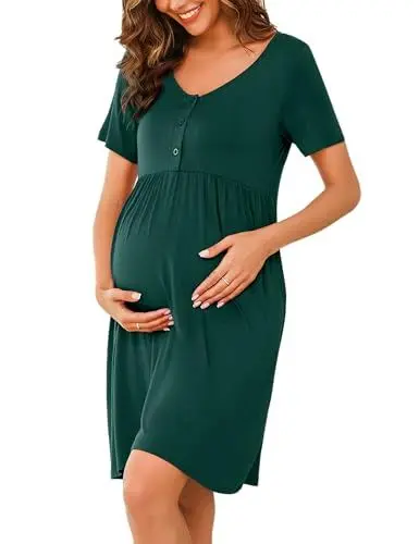 Produktbild: Bresdk Nachthemd Damen Schlafshirt Kurzarm Bamwolle Sommer Stillen Nachtwäsche mit Knopfleiste Grün L