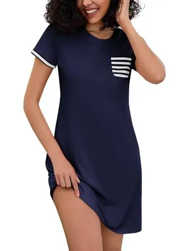 Produktbild: Bresdk Nachthemd Damen Schlafshirt Kurzarm Baumwolle Nachtwäsche Kurz Sleepshirt Sommer Nachthemden Kleid Hauskleid Blau XL