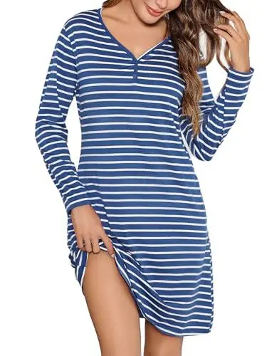 Produktbild: Bresdk Nachthemd Damen Langarm Winter Lang Baumwolle Nachtwäsche Schlafshirt mit V-Ausschnitt und Langen Ärmeln Gestreifte Sleepshirt blau weiß L