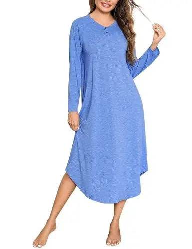 Produktbild: Bresdk Nachthemden für Damen - Nachthemd Damen Langarm Winter Nachtwäsche Lang Baumwolle Sleepshirt V-Ausschnitt Nachtkleid mit Knopfleiste
