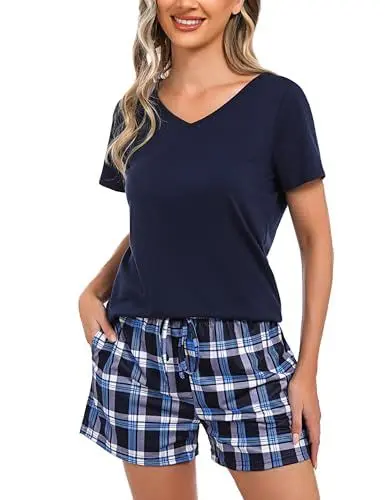 Produktbild: Bresdk Schlafanzug Damen Kurz Shorty Pyjama Baumwolle Sommer Nachtwäsche M1300 Blau01 L