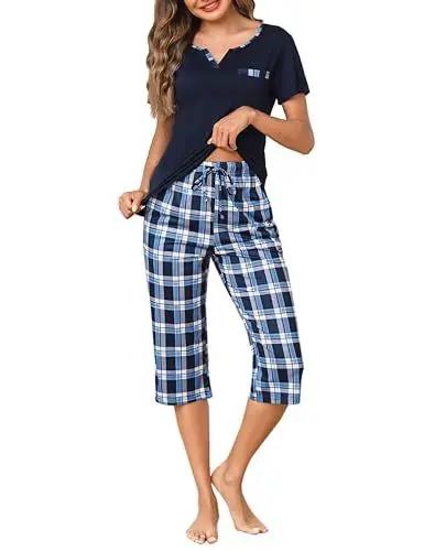 Produktbild: Bresdk Schlafanzug Damen Kurz Zweiteiliger Baumwolle Pyjama Set Sommer Kurzarm Nachtwäsche V Ausschnitt T Shirt und Karierten 3/4 Pyjamahose Hausanzug Loungewear Set