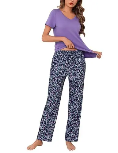 Produktbild: Bresdk Schlafanzug Damen Kurz Pyjama Set Baumwolle Kurzarm Lang Pyjamahose Sommer Nachtwäsche Hausanzug mit Taschen