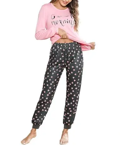 Produktbild: Bresdk Schlafanzug Damen Lang Baumwolle Pyjama Set Winter Zweiteiliger Nachtwäsche Sleepwear Süßer Langarm Pyjama Set mit Tasche