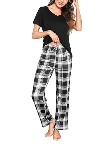 Produktbild: Bresdk Schlafanzug Damen Kurz Pyjama Set Baumwolle Kurzarm Lang Pyjamahose Sommer Nachtwäsche Hausanzug mit Taschen