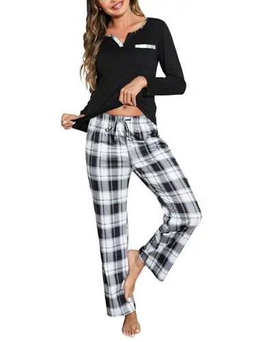 Produktbild: Bresdk Schlafanzug Damen Lang Pyjama Set Baumwolle Winter Langarm Nachtwäsche Kariert Zweiteiliger Schlafanzüge Set