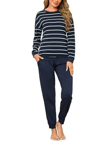 Produktbild: Bresdk Schlafanzug Damen Lang Pyjama Set Langarm Baumwolle Winter Nachtwäsche Frauen Dunkelblau M
